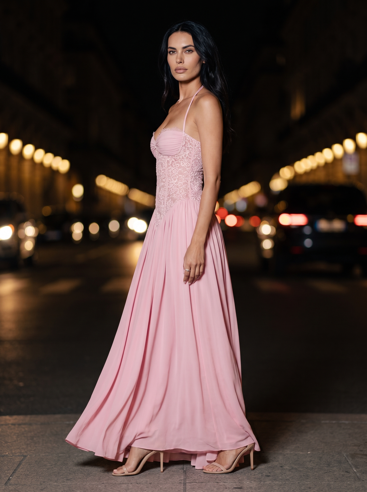 Blush Halter Lace Corset Maxi Dress - Pink, side