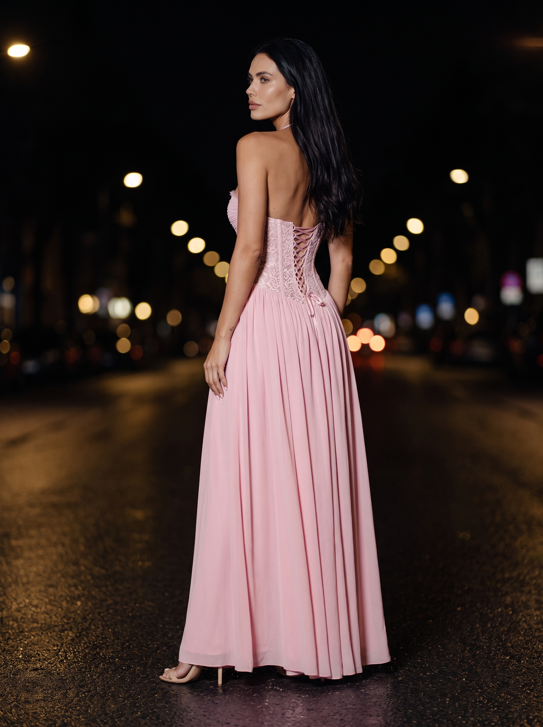 Blush Halter Lace Corset Maxi Dress - Pink, back