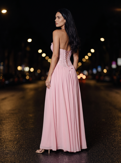 Blush Halter Lace Corset Maxi Dress - Pink, back