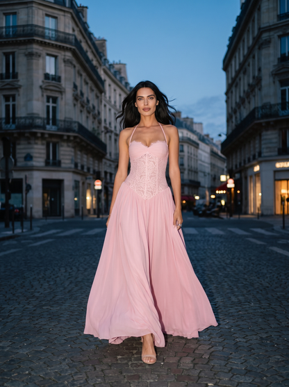 Blush Halter Lace Corset Maxi Dress - Pink