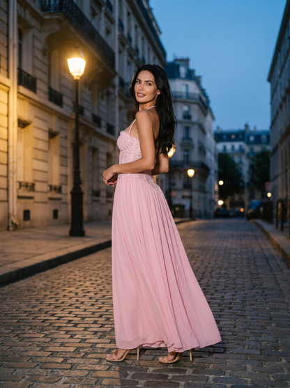 Blush Halter Lace Corset Maxi Dress - Pink