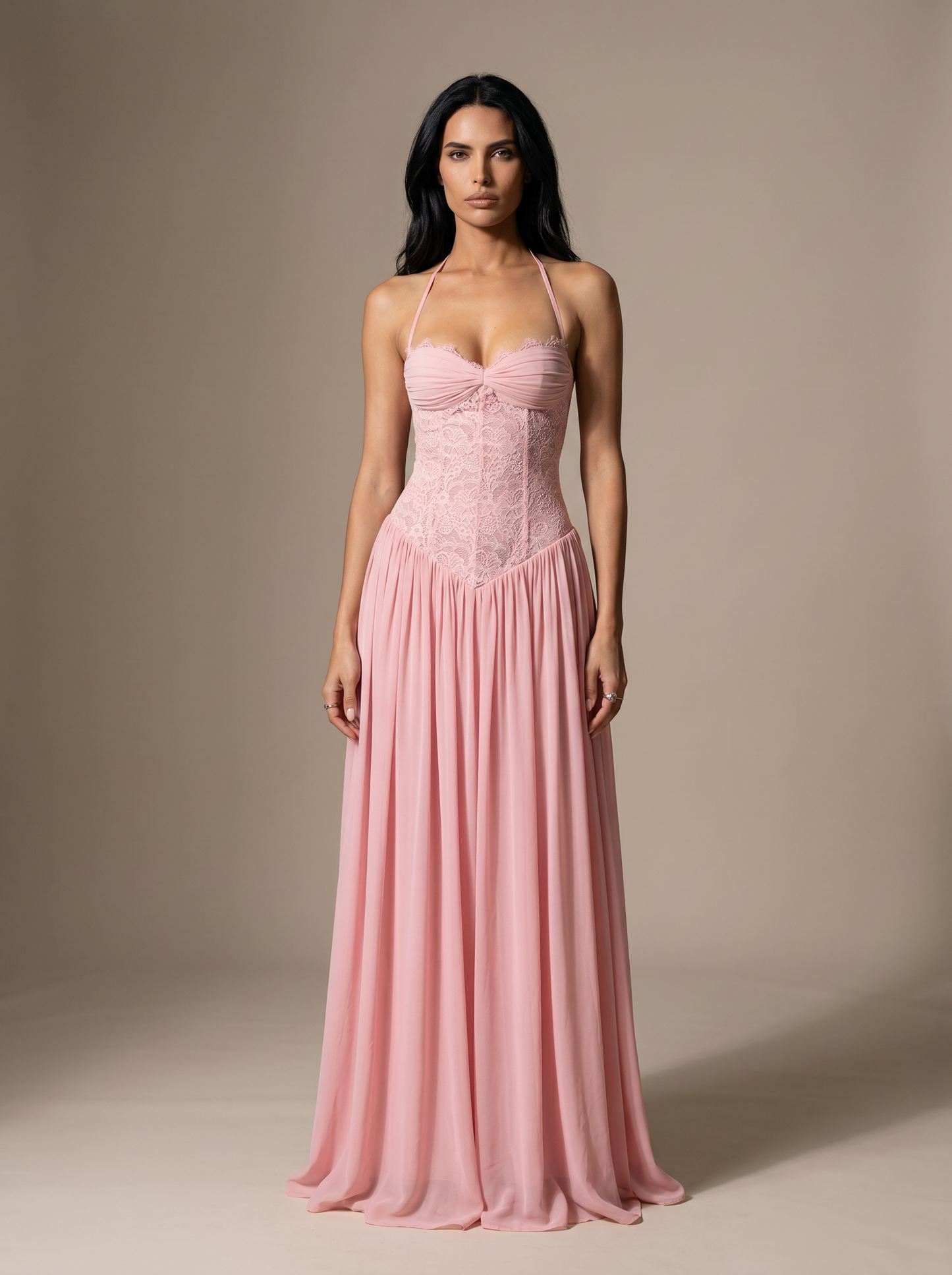 Blush Halter Lace Corset Maxi Dress - Pink, front