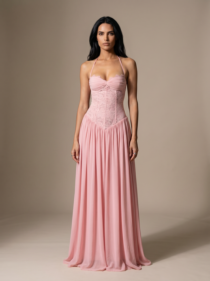 Blush Halter Lace Corset Maxi Dress - Pink, front
