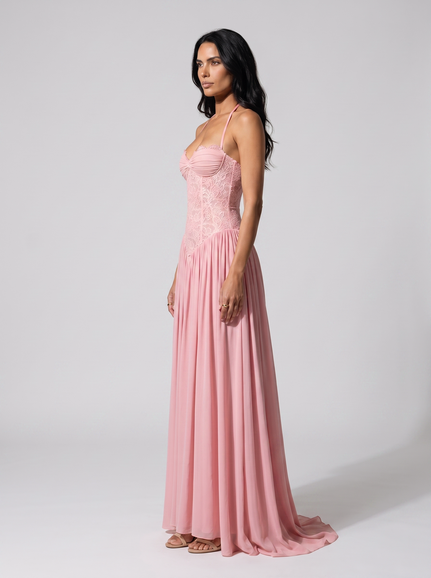 Blush Lace Corset Maxi Dress - Pink