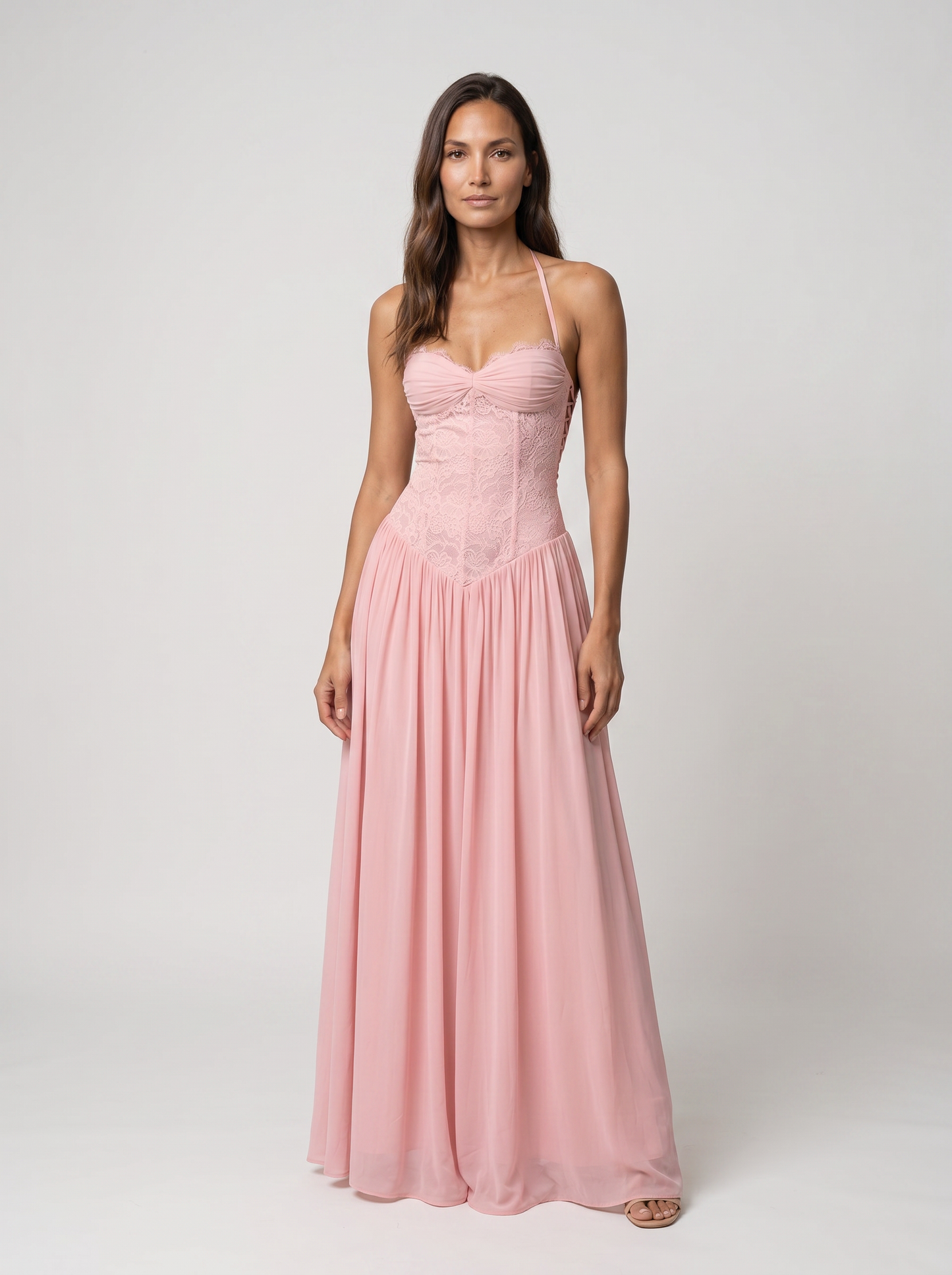 Blush Lace Corset Maxi Dress - Pink
