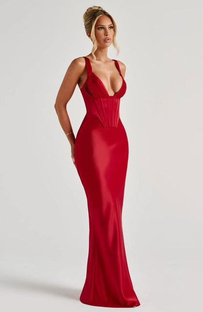 Red Satin Corset Maxi Dress