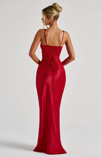Red Satin Corset Maxi Dress