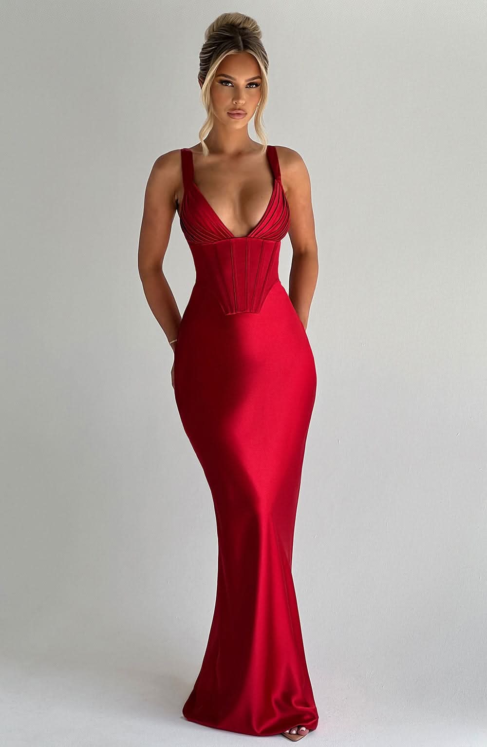 Red Satin Corset Maxi Dress