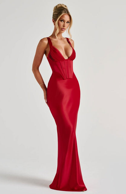 Red Satin Corset Maxi Dress