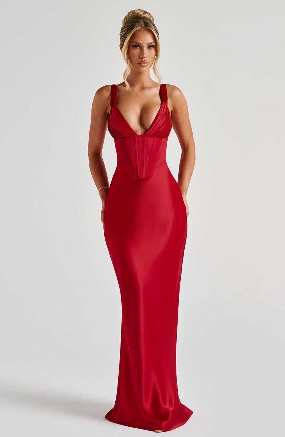 Red Satin Corset Maxi Dress