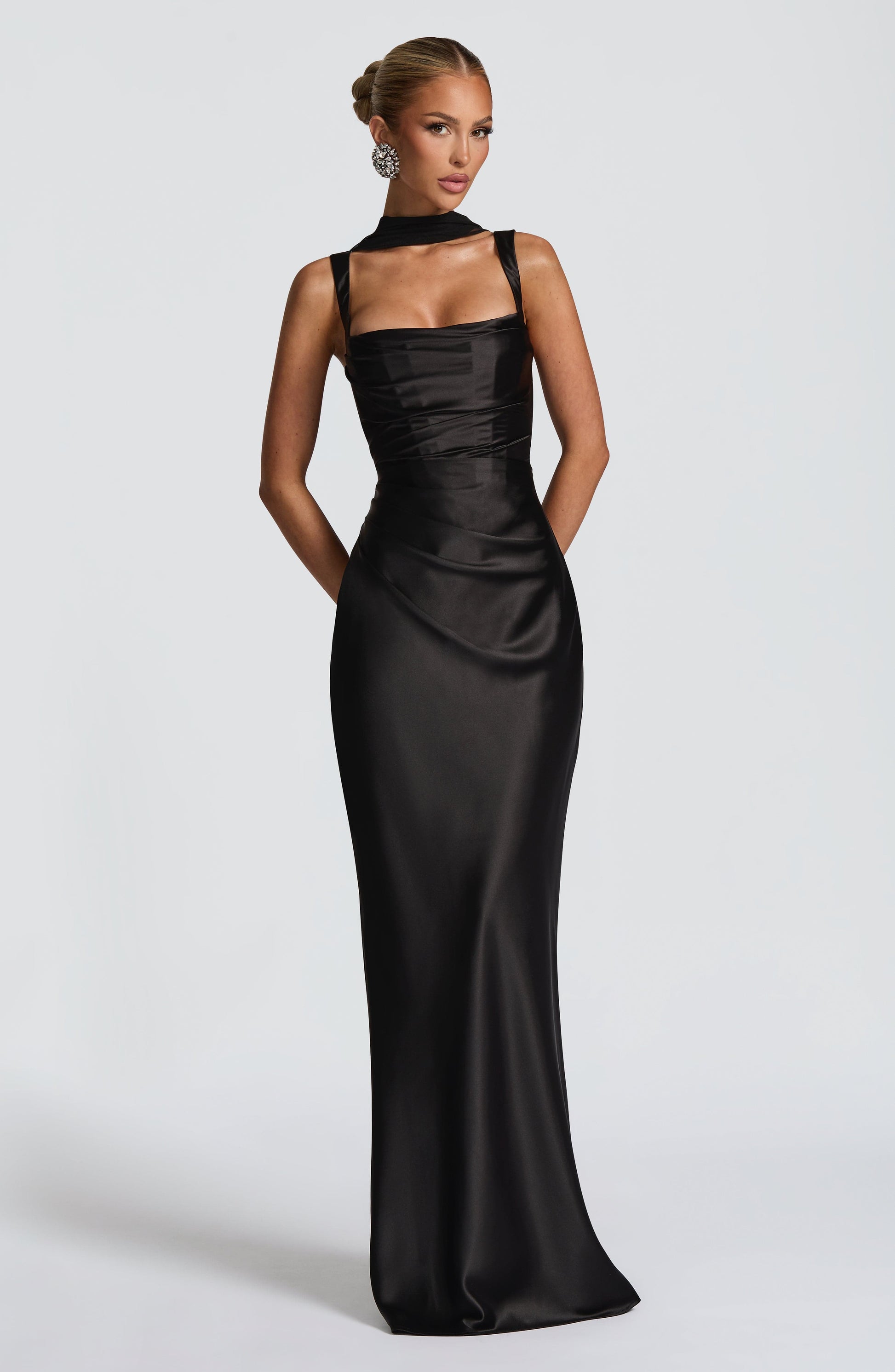Corset Satin Cocktail Maxi Dress - Black