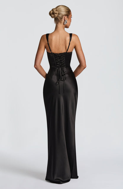 Corset Satin Cocktail Maxi Dress - Black