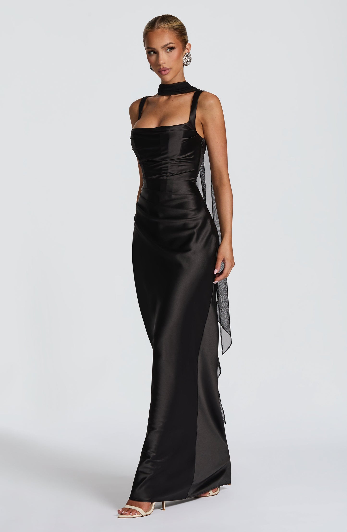 Corset Satin Cocktail Maxi Dress - Black