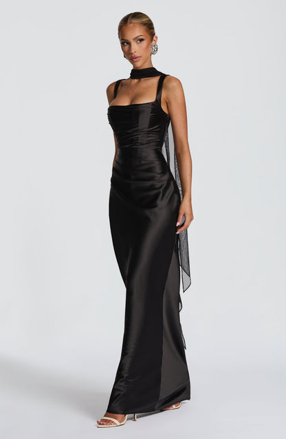 Corset Satin Cocktail Maxi Dress - Black