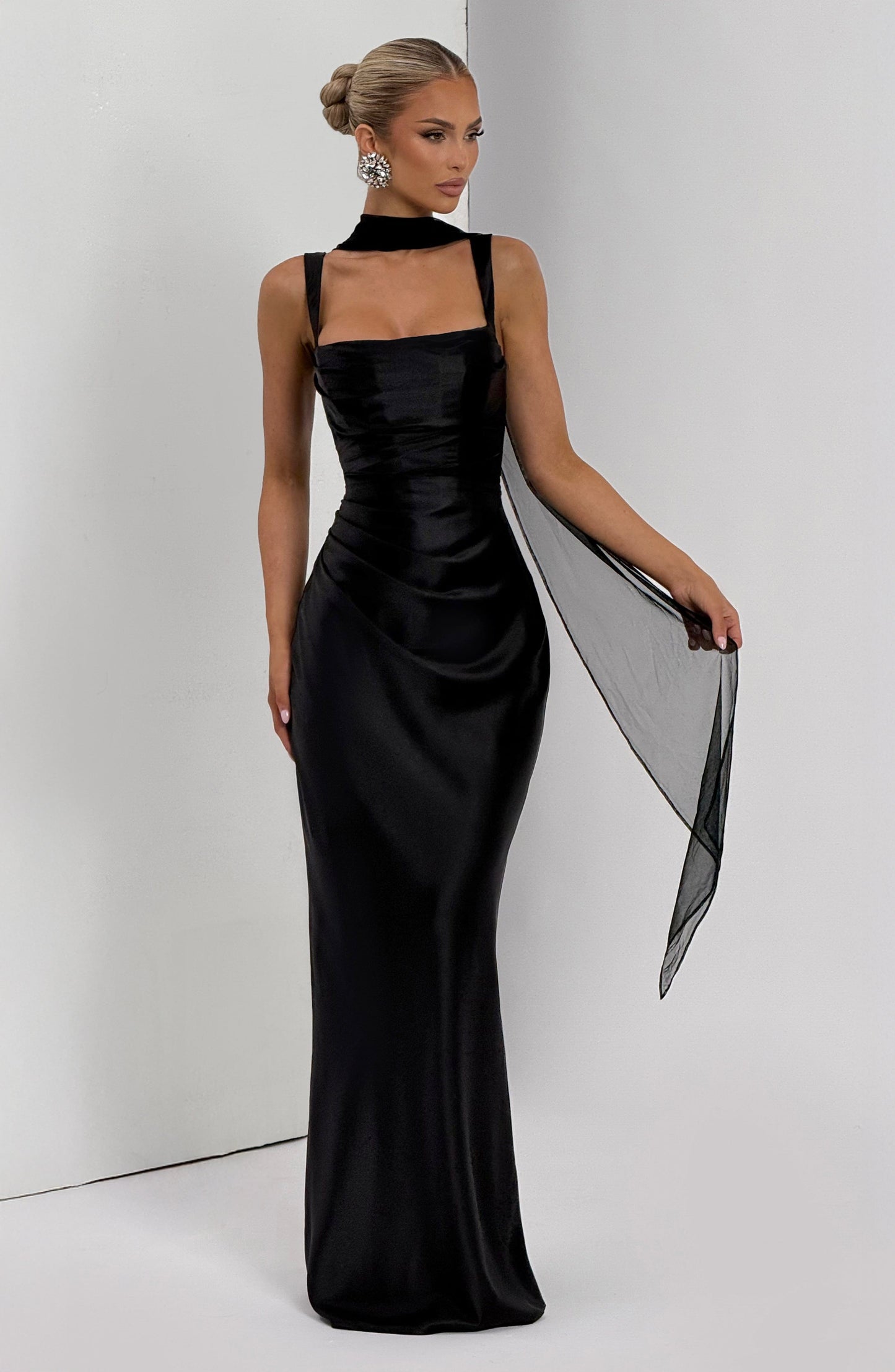 Corset Satin Cocktail Maxi Dress - Black