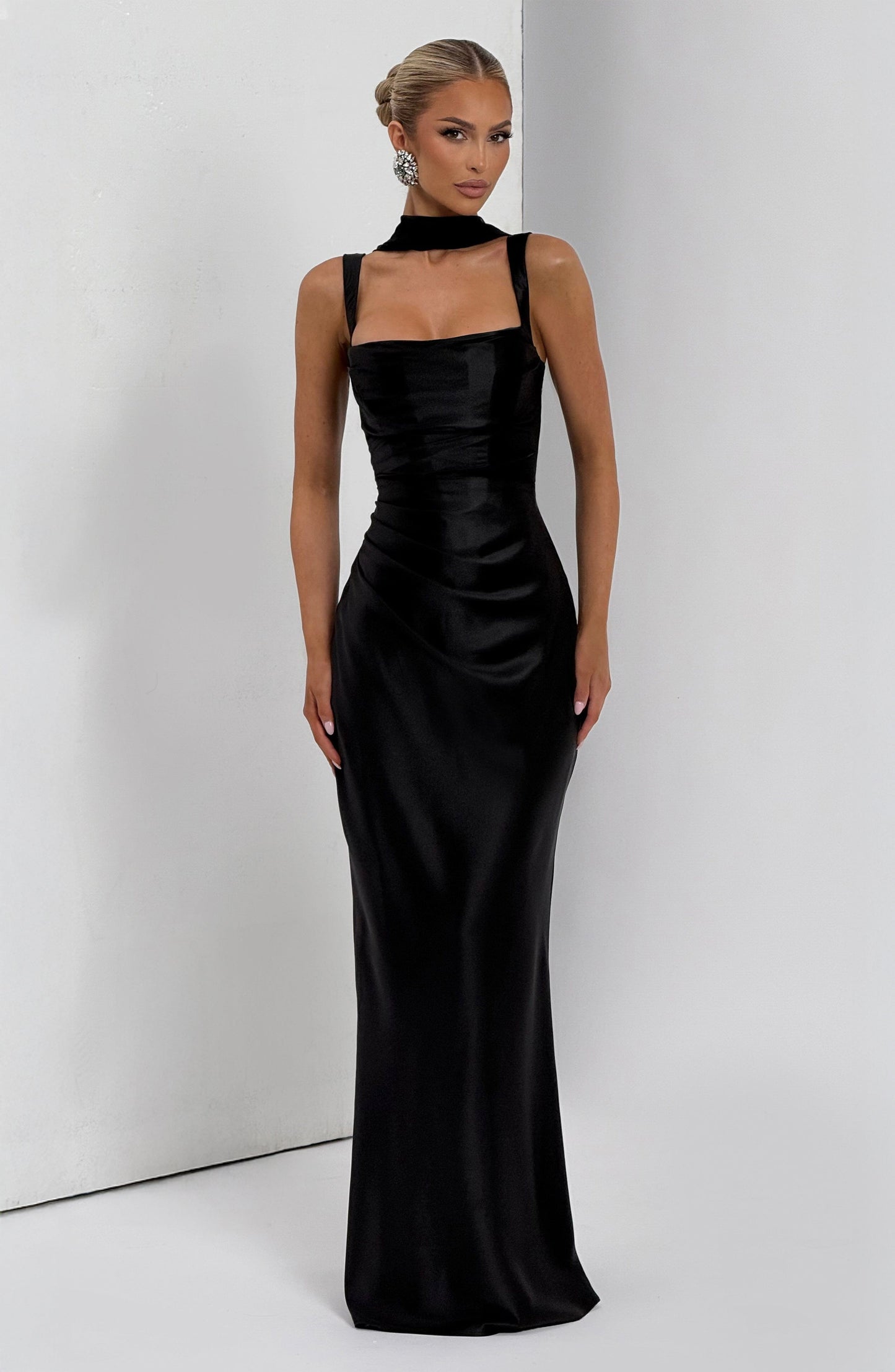 Corset Satin Cocktail Maxi Dress - Black