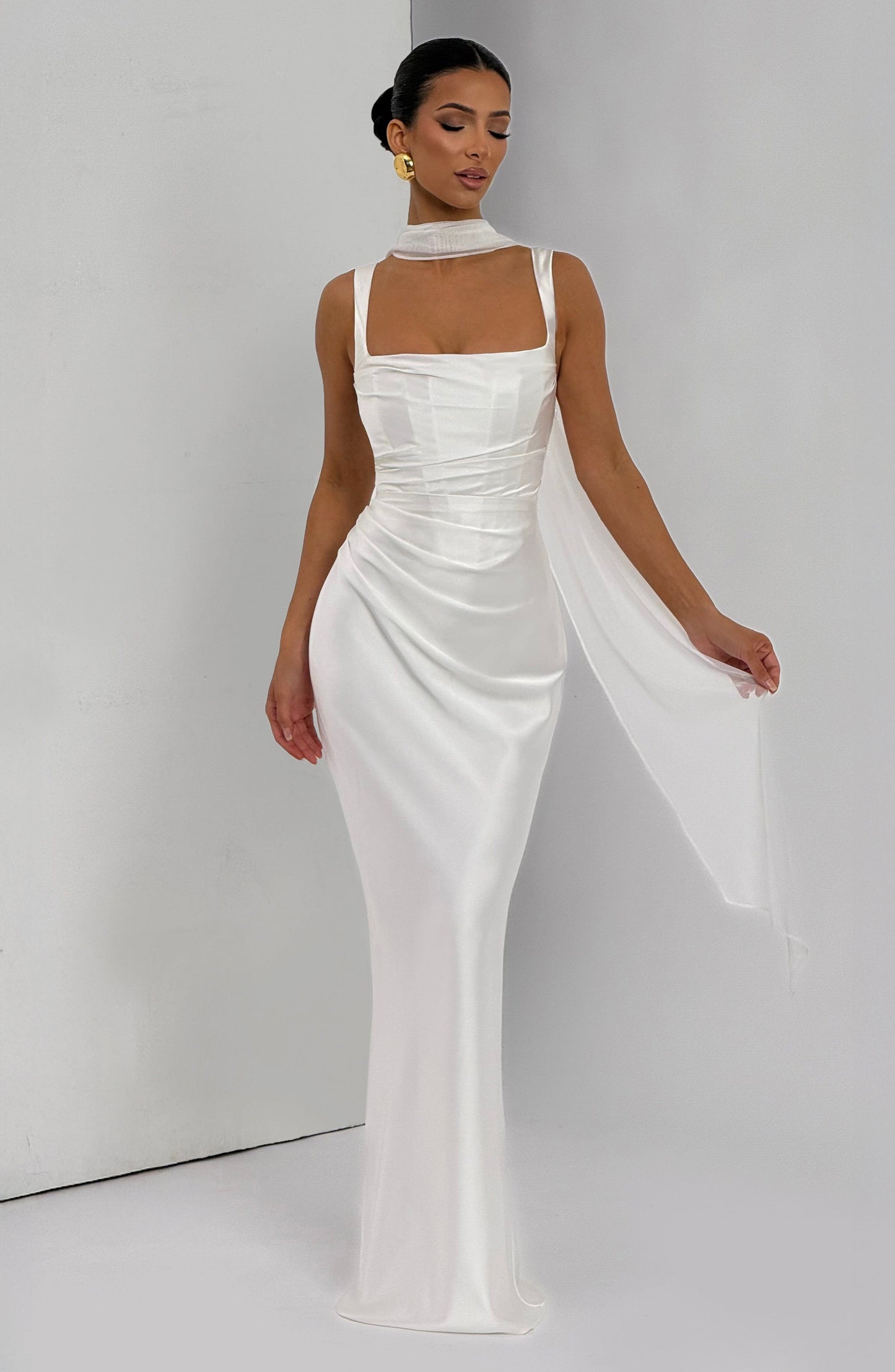 Corset Satin Cocktail Maxi Dress - Ivory
