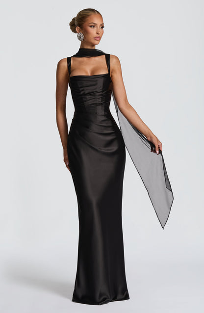 Corset Satin Cocktail Maxi Dress - Black