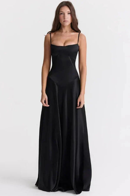 Corset Satin Maxi Dress - Black