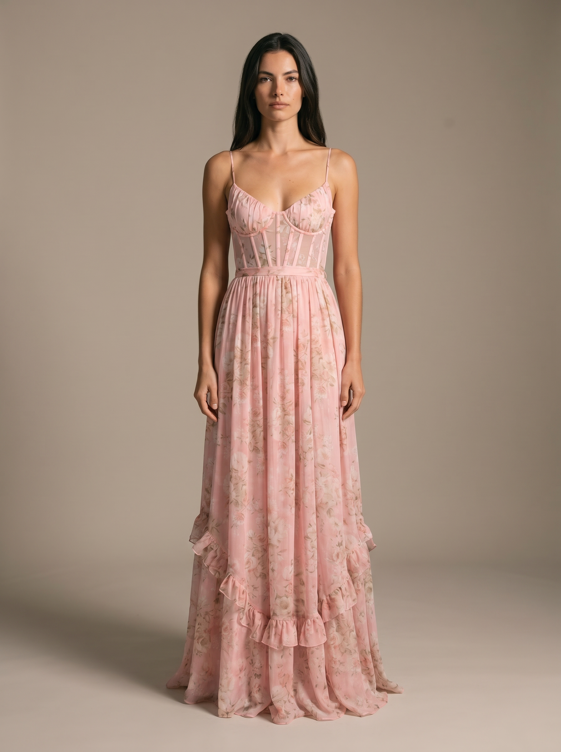 Corset Sexy Maxi Dress - Blush Garden, front