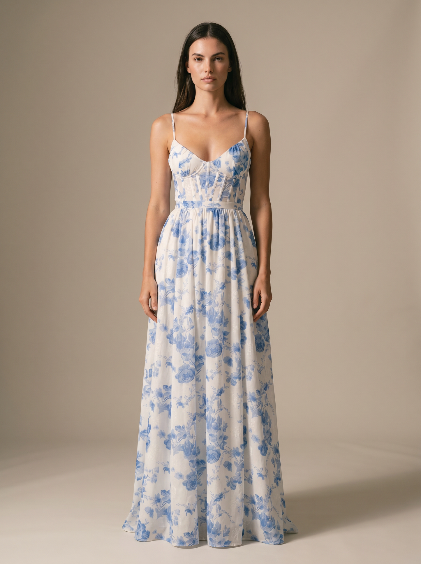 Corset Sexy Maxi Dress - Blue Meadow, front
