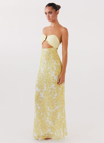 Lemon Rose Print Cutout Maxi Dress - Yellow, side