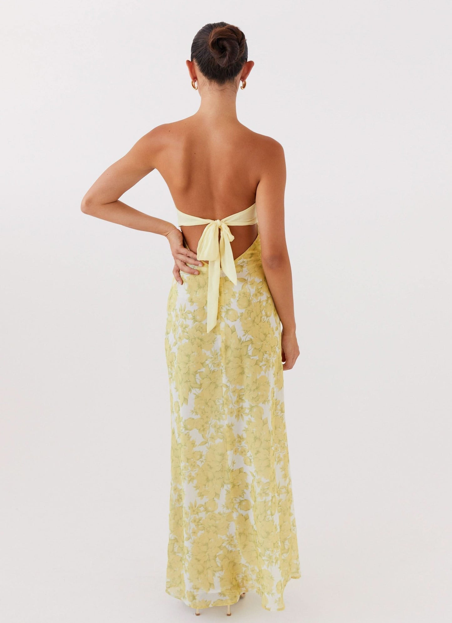 Lemon Rose Print Cutout Maxi Dress - Yellow, back