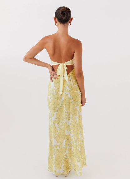 Lemon Rose Print Cutout Maxi Dress - Yellow, back