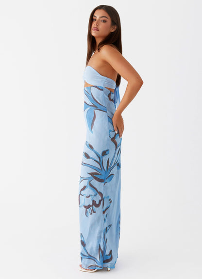Lemon Rose Print Cutout Maxi Dress - Blue, side
