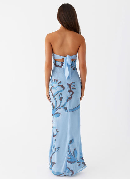 Lemon Rose Print Cutout Maxi Dress - Blue, back