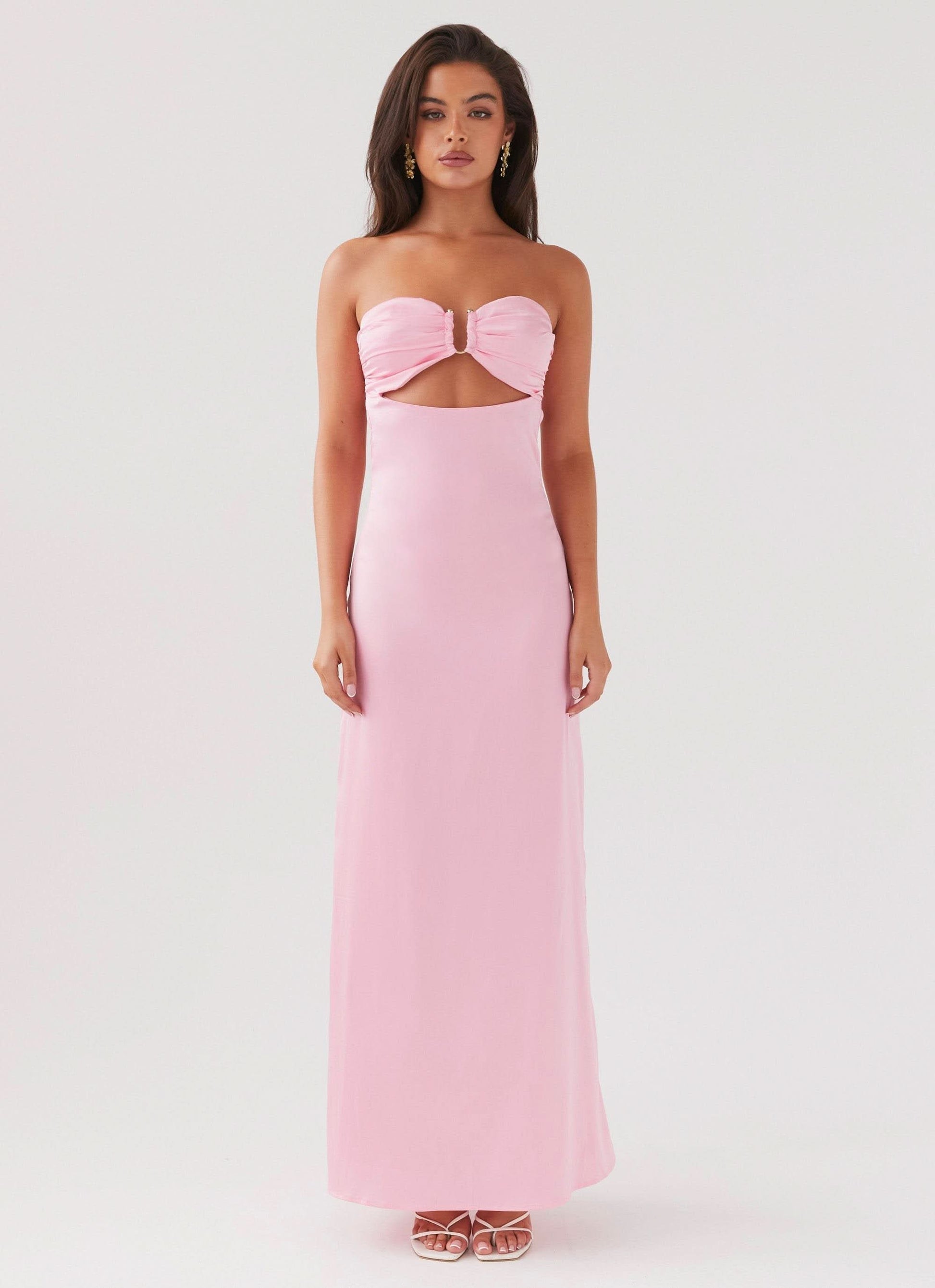 Lemon Rose Print Cutout Maxi Dress - Pink, front