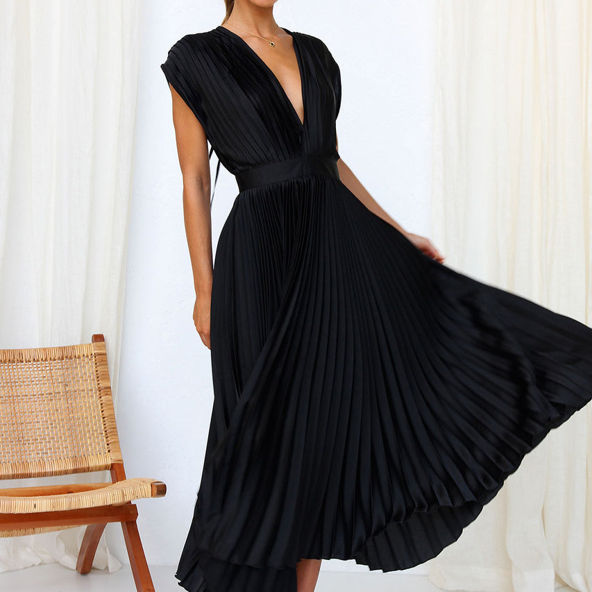 Women's Cocktail Pleated V Neck Cap Sleeve Midi Dress