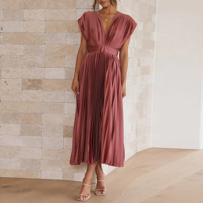 Women's Cocktail Pleated V Neck Cap Sleeve Midi Dress