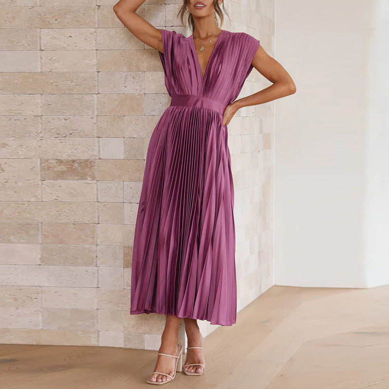 Women's Cocktail Pleated V Neck Cap Sleeve Midi Dress
