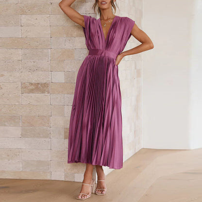 Women's Cocktail Pleated V Neck Cap Sleeve Midi Dress