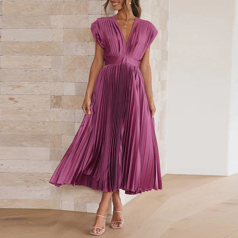 Women's Cocktail Pleated V Neck Cap Sleeve Midi Dress