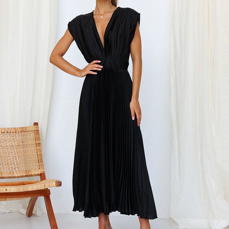 Women's Cocktail Pleated V Neck Cap Sleeve Midi Dress