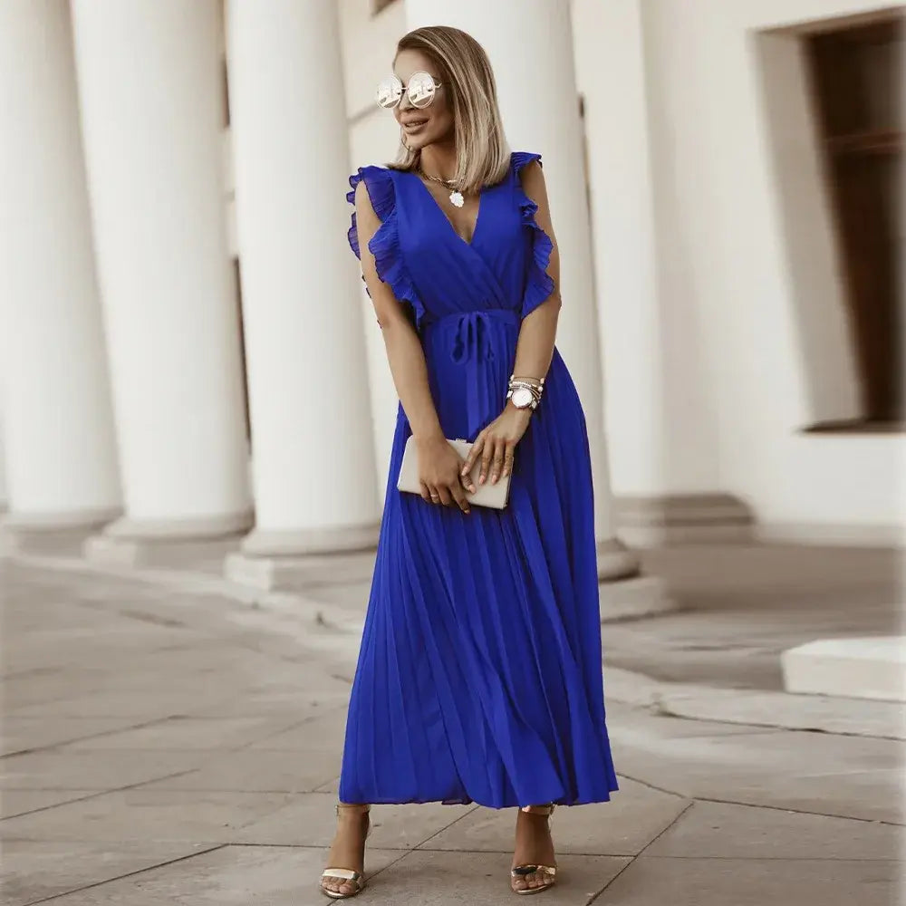 Women's Wedding Guest Pleated V Neck Maxi Dress