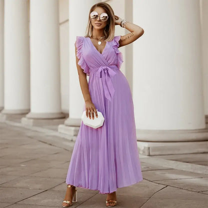 Women's Wedding Guest Pleated V Neck Maxi Dress
