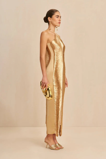 Draped Satin Semi Formal Maxi Dress - Gold