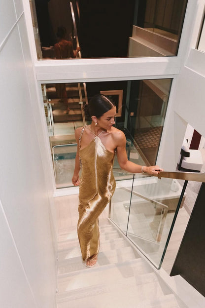 Draped Satin Semi Formal Maxi Dress