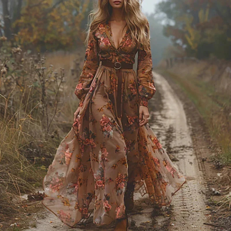 Embroidered Maxi Dress - Dark Brown