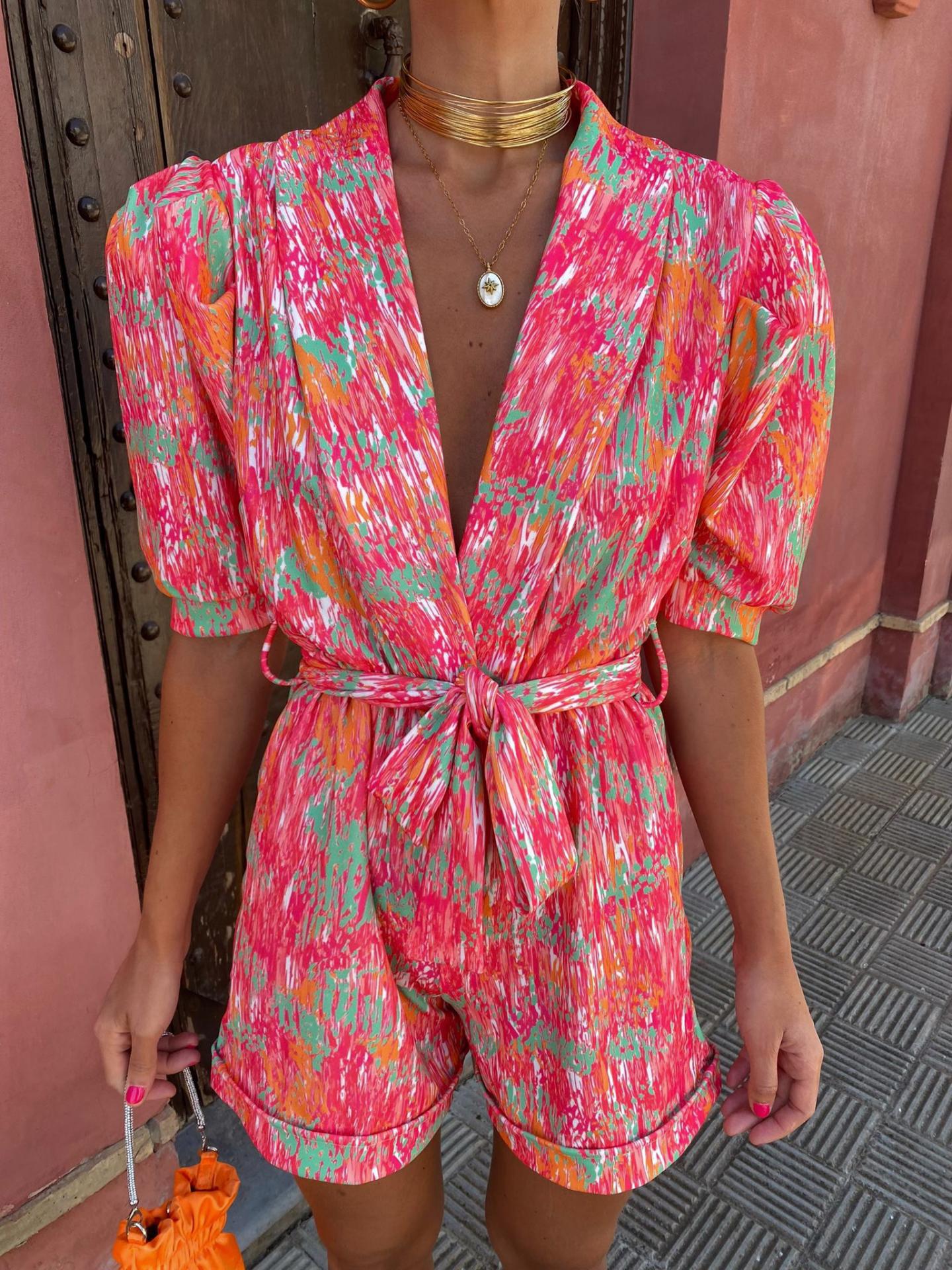 Women's Summer Printed V Neck Puff Sleeve Romper