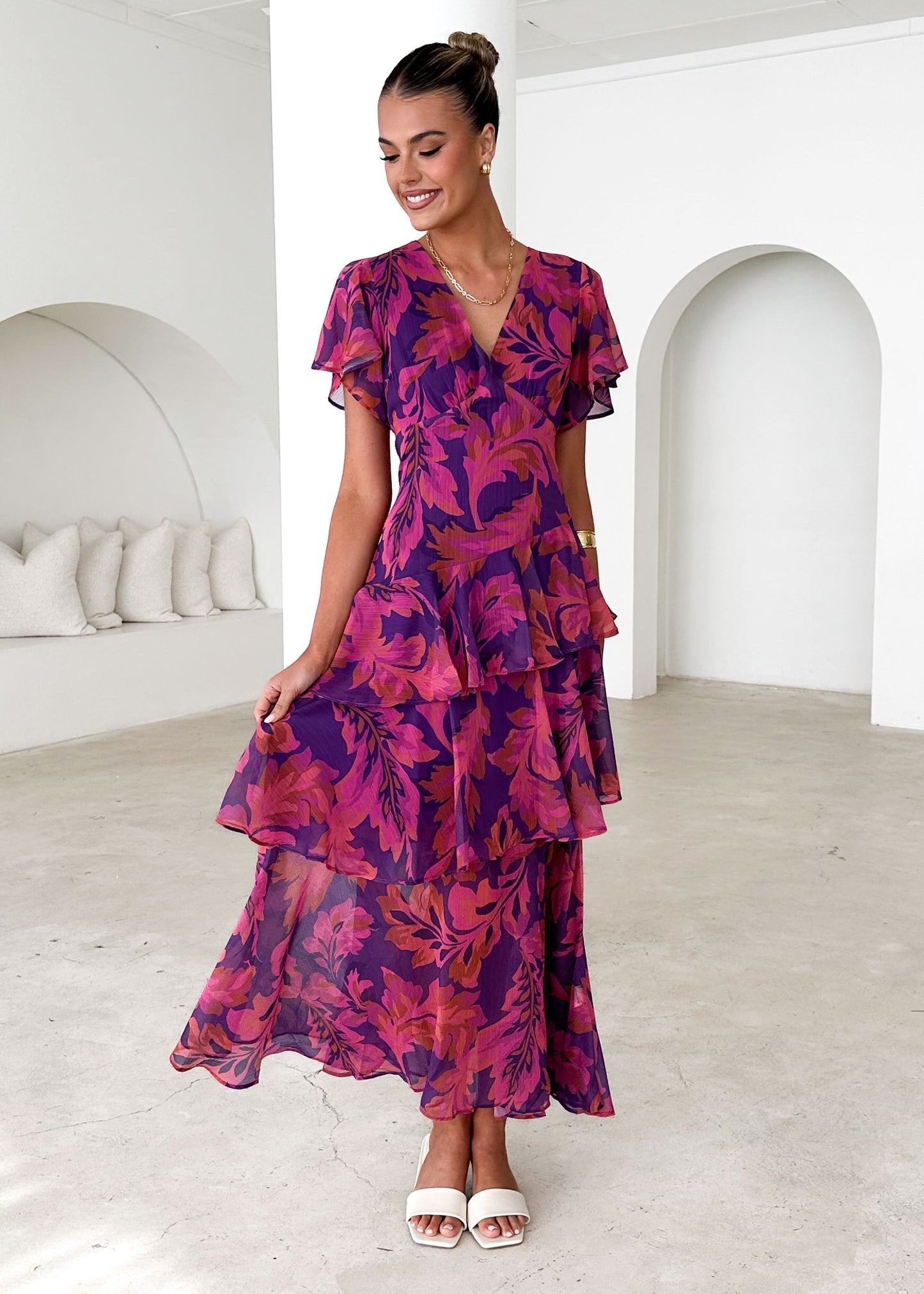 Purple Leaf Print Tiered Maxi Dress - Aqua