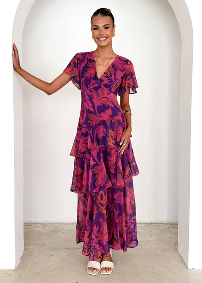 Purple Leaf Print Tiered Maxi Dress - Aqua
