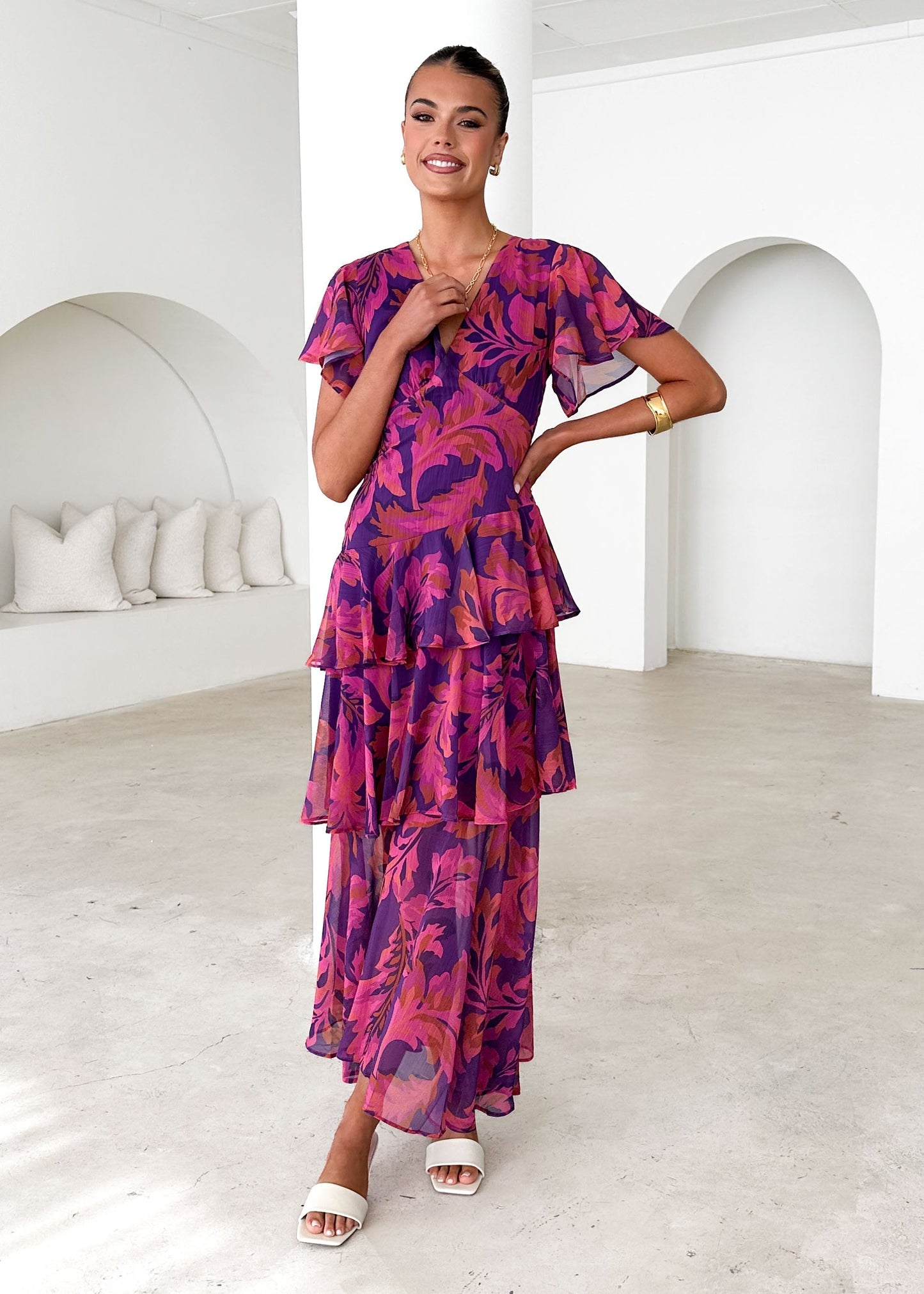Purple Leaf Print Tiered Maxi Dress - Aqua