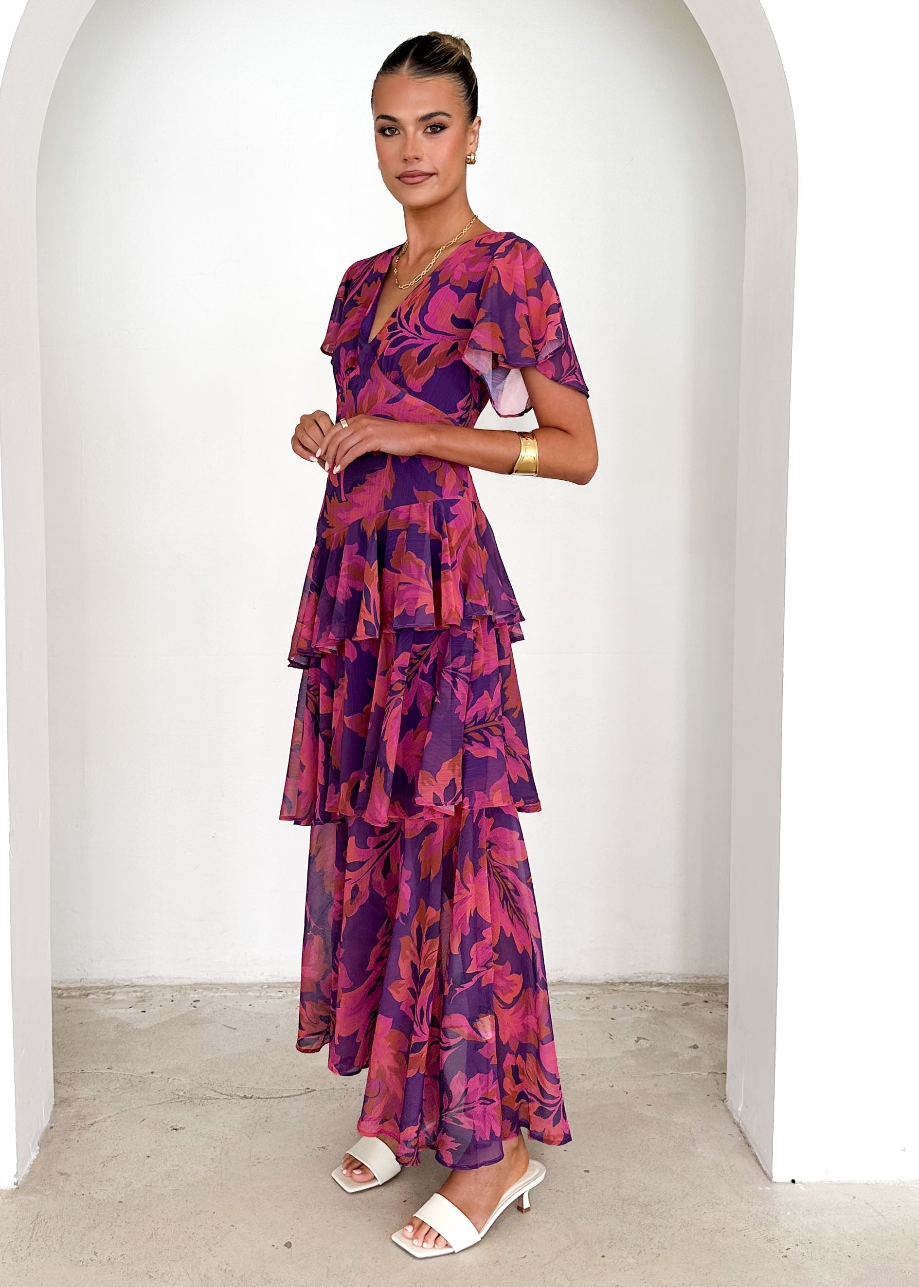 Purple Leaf Print Tiered Maxi Dress - Aqua