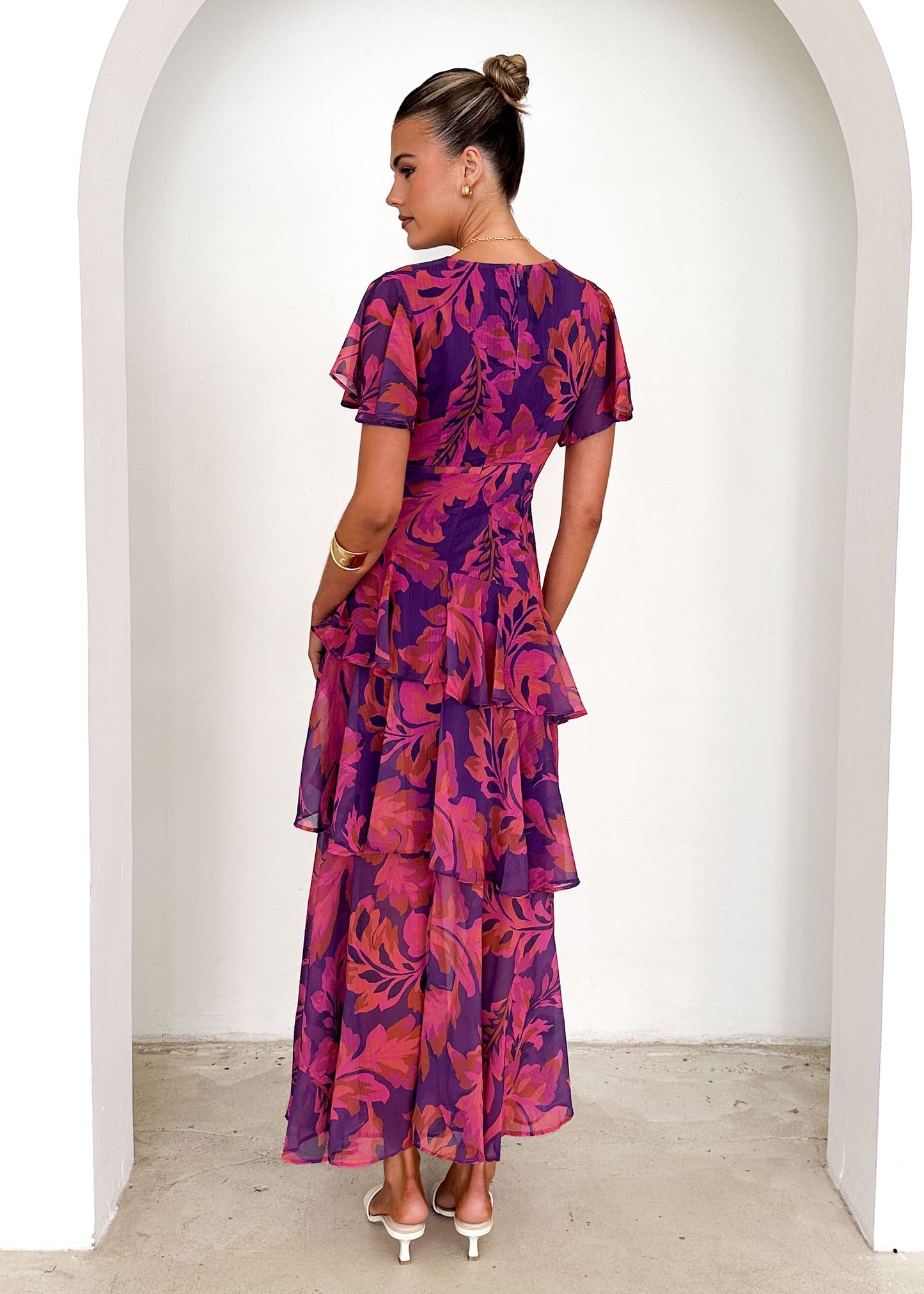 Purple Leaf Print Tiered Maxi Dress - Aqua