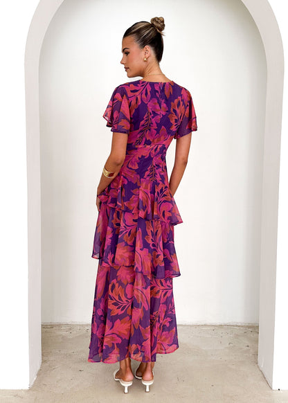 Purple Leaf Print Tiered Maxi Dress - Aqua