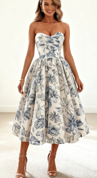 Blue Floral Strapless Midi Dress
